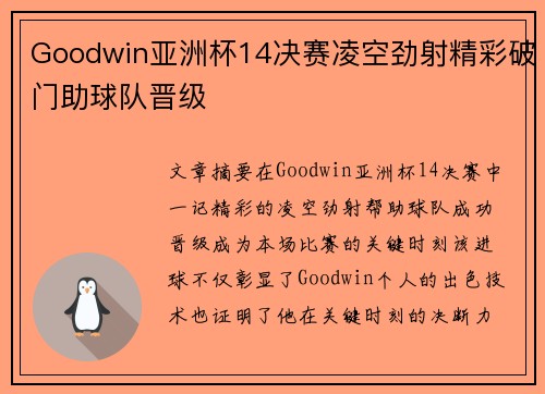 Goodwin亚洲杯14决赛凌空劲射精彩破门助球队晋级